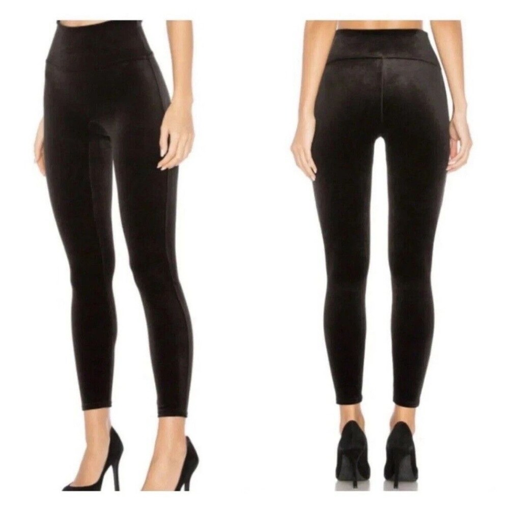 Spanx Black Velvet Velour Leggings Women Large High Rise Compression Ankle Pants
